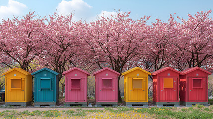 Colorful beach huts surrounded by blooming cherry blossom trees under a clear blue sky in a picturesque spring landscape