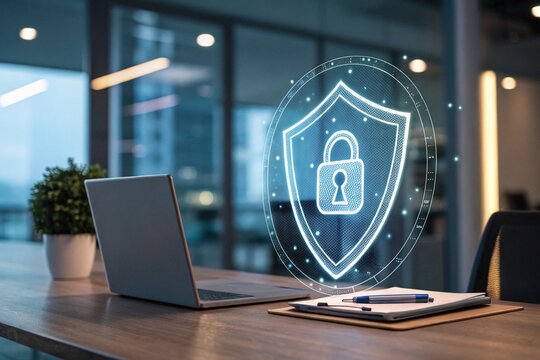 Digital shield with a lock symbol hovering above a laptop on an office desk, representing data protection and online security.
