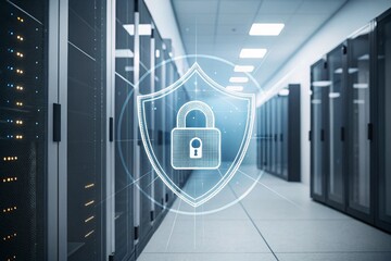 A modern data center with glowing shield and lock icon overlay, symbolizing cybersecurity, data protection, and secure digital storage.
