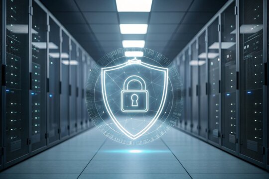 A secure data center with glowing shield and lock icon, representing cybersecurity, data protection, and advanced digital infrastructure.
