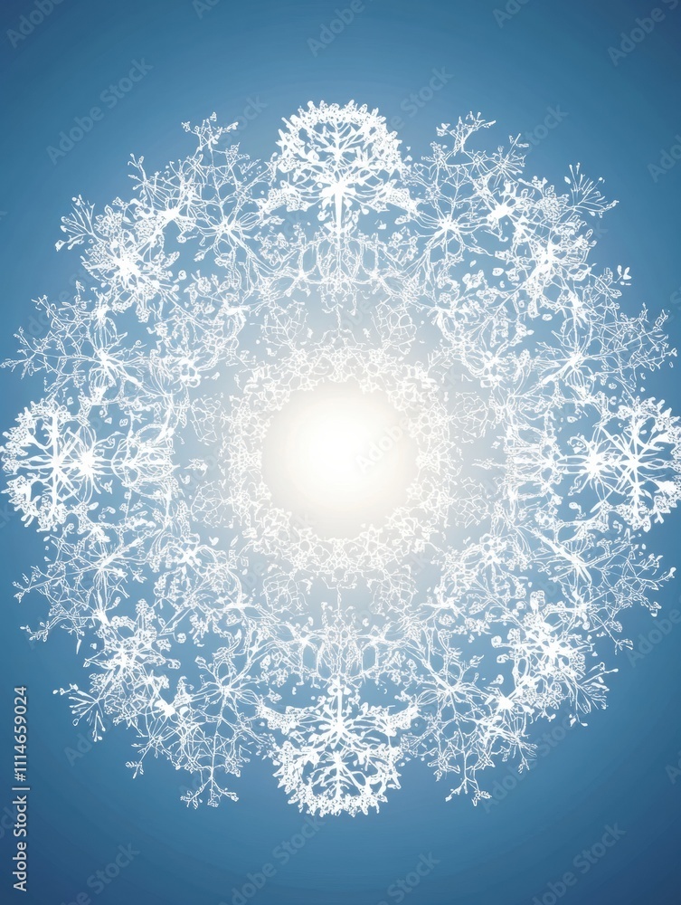 Poster delicate snowflakes swirl elegantly in a serene winter-themed design, surrounded by calming blue ton