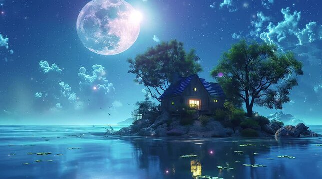 Glowing house on a lush small island surrounded by ocean under a full moon at night  
Seamless looping 4k time-lapse virtual video animation Generated AI