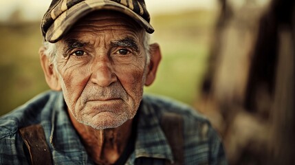 Obraz premium Confident elder man in plaid shirt with a baseball cap outdoors during golden hour