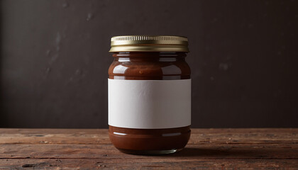 Chocolate spread in a glass jar on a wooden table with copy space for labeling