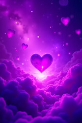 A magical, dreamy scene with a large, glowing pink heart floating above a sea of purple clouds with a starry night sky in the background.