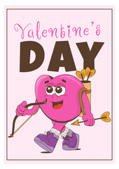 Pink heart character. A Valentine's day card. The heart of cupid with arrows.