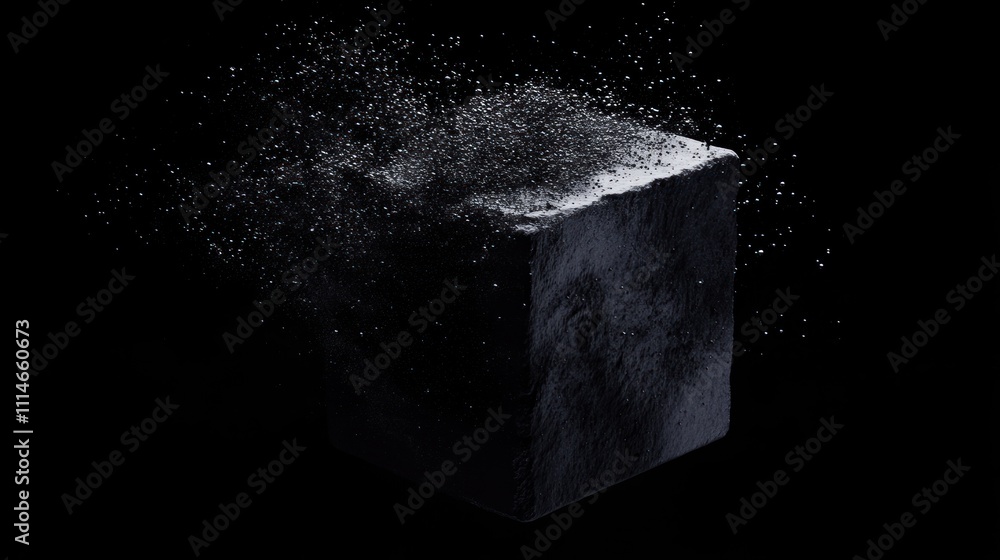 Aufkleber dark cube disintegrating, particles floating in dark space.