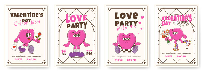 Valentine's Day postcards. Happy Valentine's Day. Pink hearts characters.