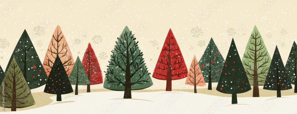 Poster a whimsical christmas forest of trees with a beige background and falling snow, composed of simple s