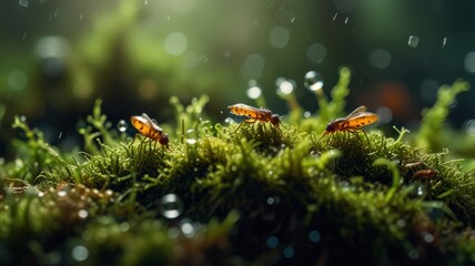 Three insects on vibrant green moss in rain.