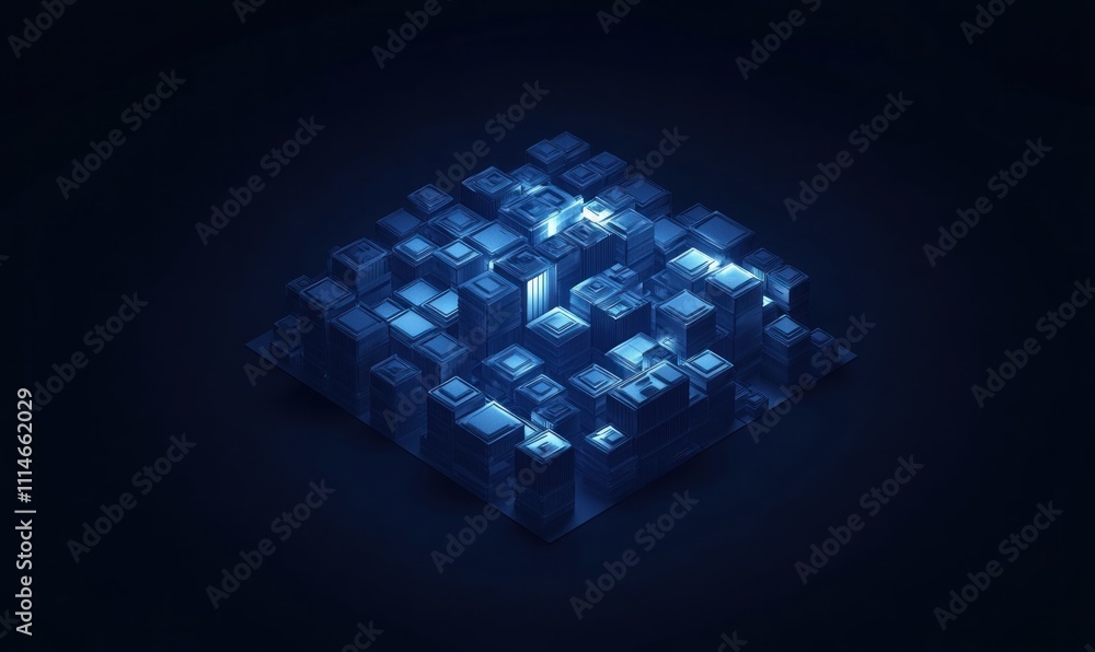 Poster glowing blue digital cube structure abstract.