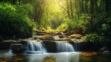 Obraz premium Serene jungle stream cascading over rocks.