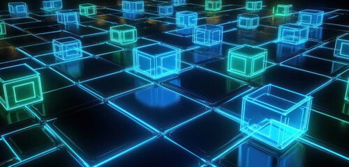 Fototapeta premium Networked cubes and squares glowing with blue and green neon lights, representing blockchain on a dark background.