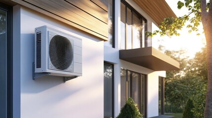 Modern Home Exterior with a Heat Pump Installed on the Wall