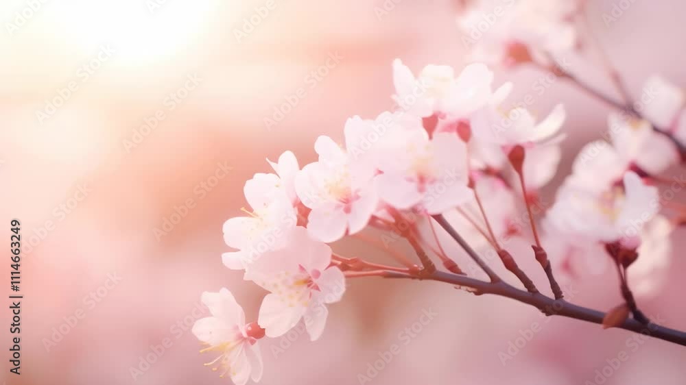 Poster cherry blossoms blooming on a branch in spring sunlight, creating a beautiful and serene scene with 