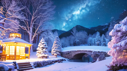 A magical winter scene with a cozy wooden gazebo illuminated by warm light, surrounded by snow-covered trees and a bridge spanning a frozen river, all under a breathtaking starry sky.