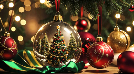 A festive Christmas scene with a large glass ornament containing a miniature Christmas tree surrounded by other colorful ornaments and a bokeh background.