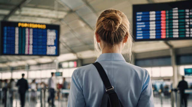 Vista posterior de una empresaria buscando su vuelo en el marcador de un aeropuerto
