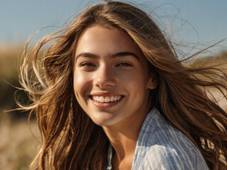 Fototapeta premium Hermosa joven con el pelo largo ondeando al viento 