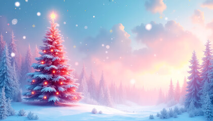 A beautifully decorated Christmas tree stands tall in a snowy winter wonderland, illuminated by warm lights against a backdrop of a pastel pink and blue sky.