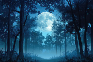 Full moon Night with river and tree vector illustrations 