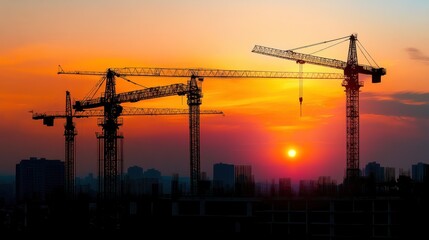 Silhouettes of Construction Cranes at Sunset