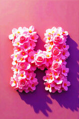 Pink and white floral letter "H" made of paper flowers against a pink background.