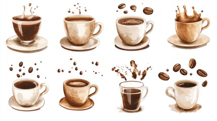 Obraz premium Watercolor Collection of Coffee Cups and Beans
