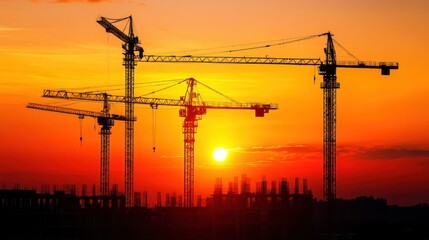Silhouettes of Construction Cranes Against a Vivid Sunset