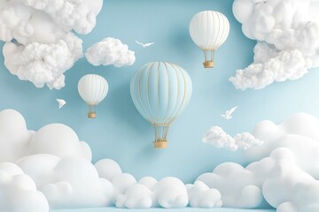 Obraz premium Pastel blue hot air balloons float amidst fluffy white clouds against a light blue sky.