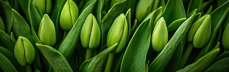 Obraz premium Green tulip buds nestled among vibrant leaves in springtime