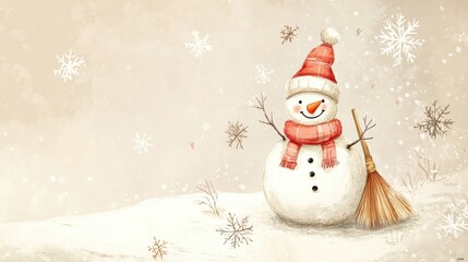 Obraz premium A joyful snowman wears a red scarf and hat while holding a broom. Snowflakes gently fall in a serene winter landscape providing copy space. Generative AI