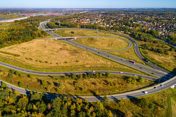 Aerial view of beltway route south and east highways Biezanow transportation hub in Kokotow district of Cracow in Poland