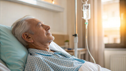 Obraz premium Elderly man connected to IV drip in calm hospital room, close-up in comfortable and clean environment, warm lighting 