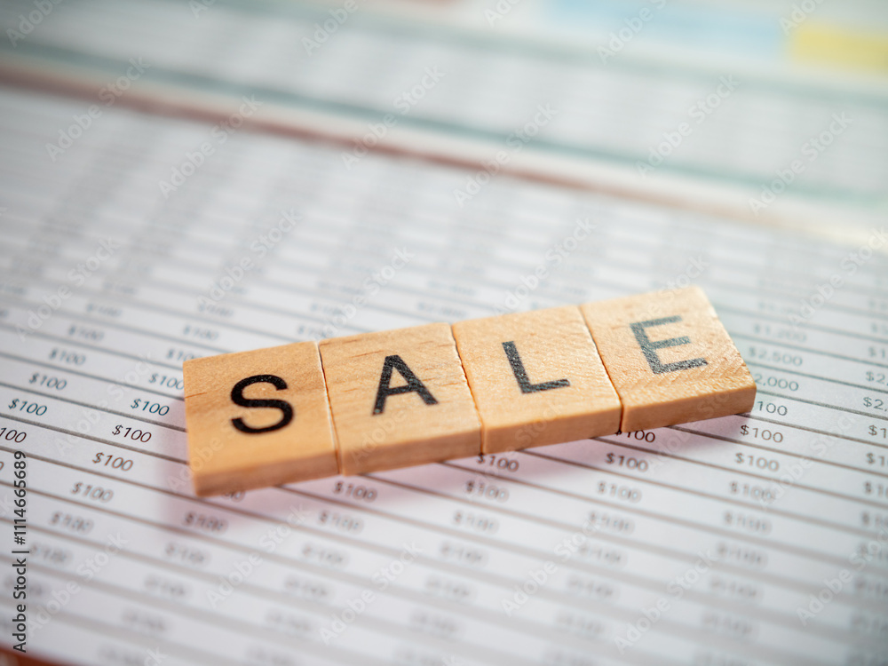 Poster Office setting document review close-up analysis of business sale financial insights