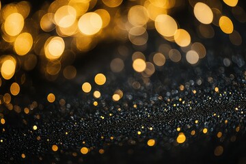 Soft gold bokeh lights on black background, creating a dreamy, festive effect with smooth highlights.