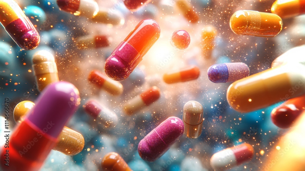 Poster colorful explosion of capsules creating a mesmerizing visual effect in vibrant 4k resolution