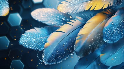 Soft gradient feathers in blues and yellows, covered in dew, floating over a time-bending hexagon vortex background.