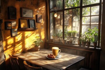 Fototapeta premium Sunlit Cafe Table With Coffee And Pastry