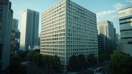 Fototapeta premium Cityscape featuring a large beige building among other skyscrapers