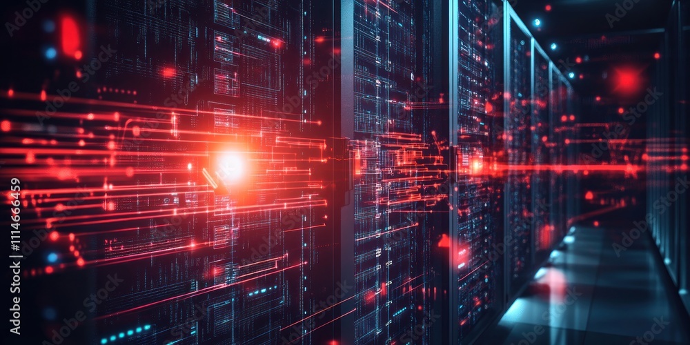 Poster Red and Blue Data Streams Flowing Through Server Racks