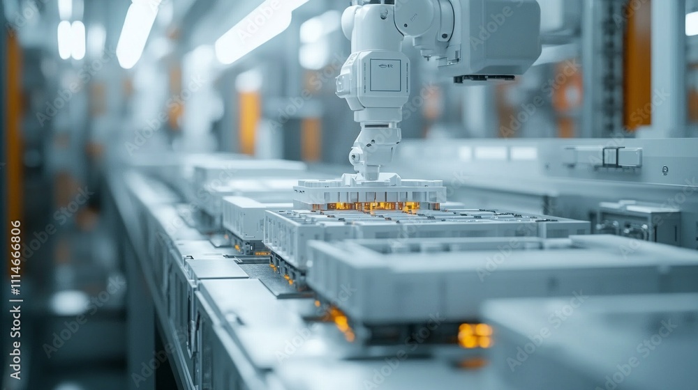 Poster in a state-of-the-art production facility, robotic arms efficiently assemble various components alon