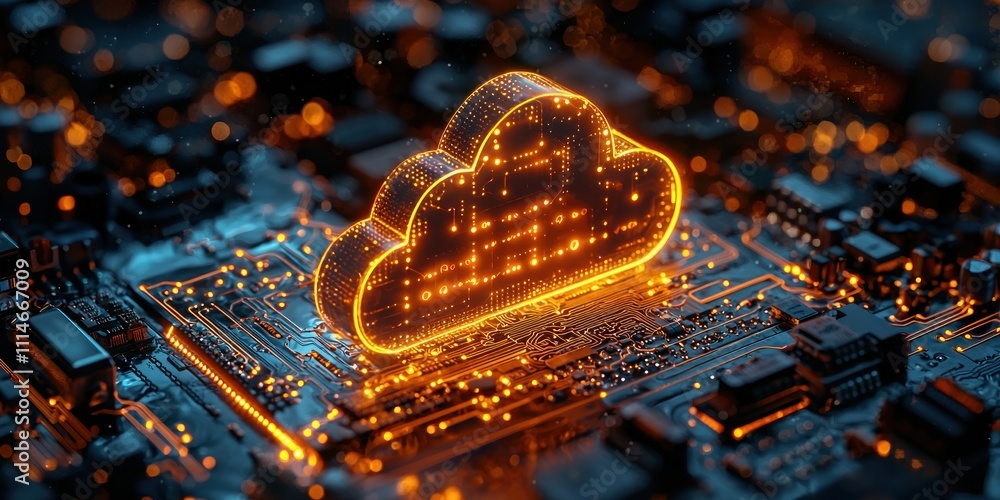 Poster Illuminated Cloud Symbol on Circuit Board Representing Digital Data Storage