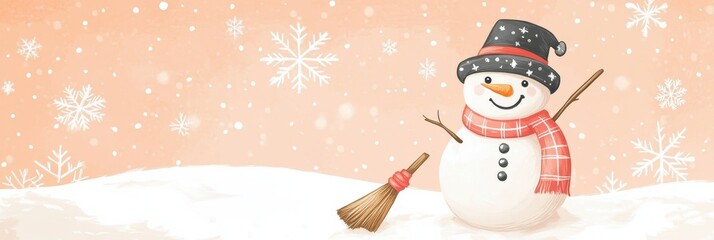 A cheerful snowman stands in a snowy landscape, complete with a scarf, hat, and broom, surrounded by gentle snowflakes. Generative AI