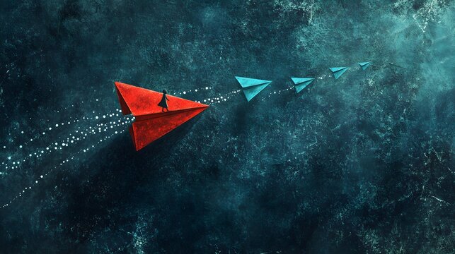 Businesswoman on a red paper plane leading a fleet of blue planes in a textured background