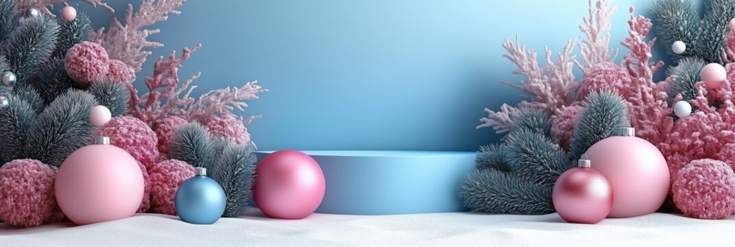 Festive background with empty podium and christmas balls in pink and blue colors, christmas banner
