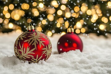 Festive Red Ornaments Resting In Snowy Winter Scene