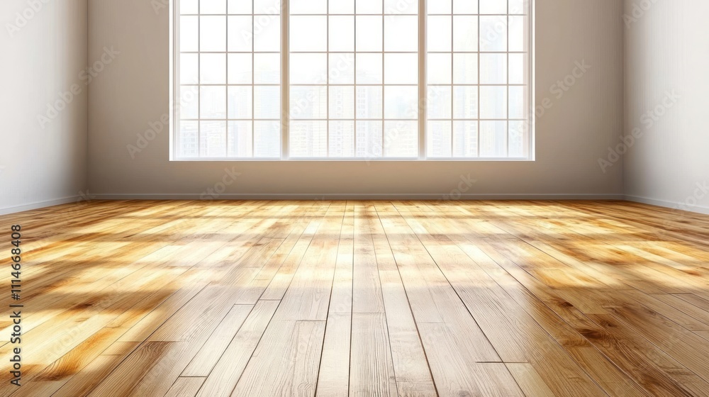 Poster empty room with hardwood floor and large window