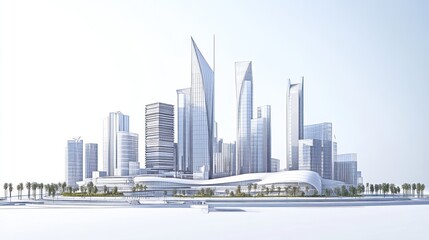 Naklejka premium A modern city skyline featuring sleek skyscrapers and greenery.