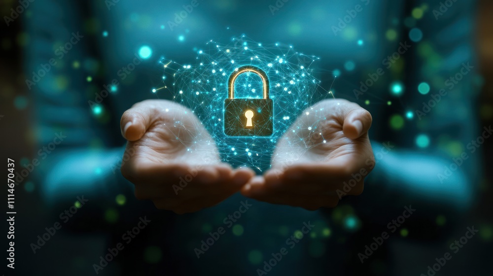 Poster hands gently holding a digital network security lock